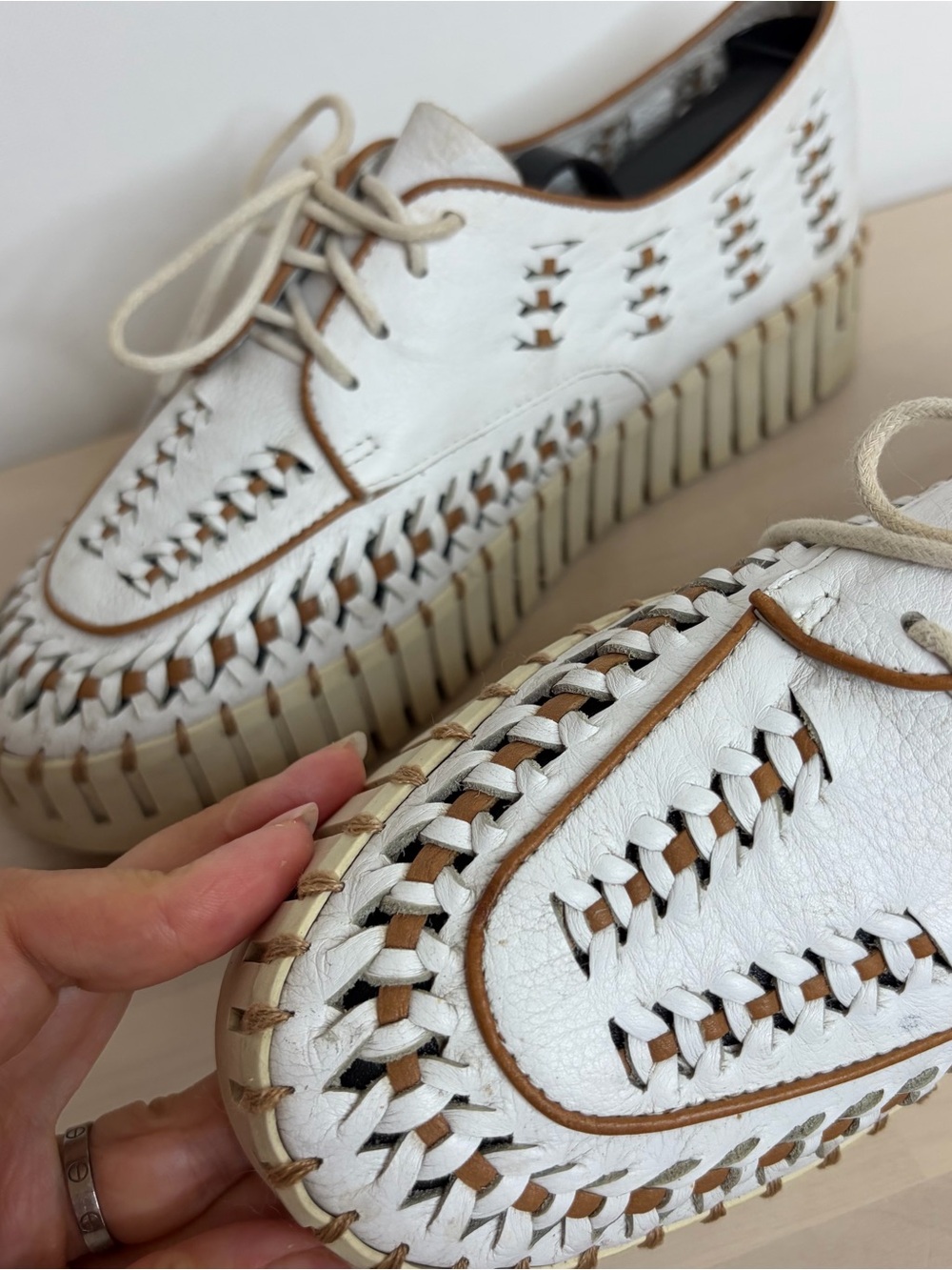 White Woven Platform Lace-Up Sneaker with Tan Trim - Picture 5 of 12